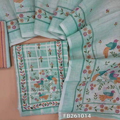 Pastel blue semi linen unstitched salwar material (lining needed)printed yoke with zari and real mirror work, self checked design all over, printed daman, printed cotton bottom, printed semi linen dupatta. FB261014