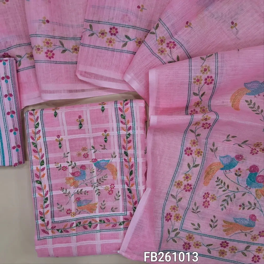 Pastel pink semi linen unstitched salwar material (lining needed)printed yoke with zari and real mirror work, self checked design all over, printed daman, printed cotton bottom, printed semi linen dupatta. FB261013