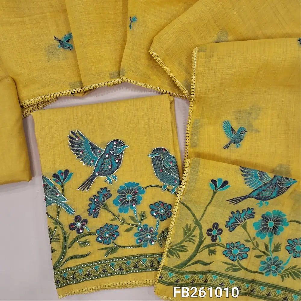 Light Mehandhi yellow jamdani woven premium silk cotton unstitched salwar material, (lining needed)weaving highlighted with bead,zardozi, cut bead work, santoon bottom, jamdani woven short width silk cotton dupatta with lace tapings. FB261010