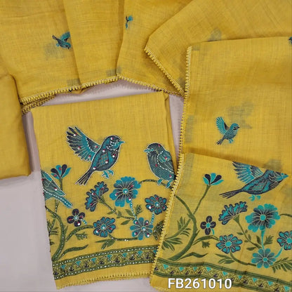 Light Mehandhi yellow jamdani woven premium silk cotton unstitched salwar material, (lining needed)weaving highlighted with bead,zardozi, cut bead work, santoon bottom, jamdani woven short width silk cotton dupatta with lace tapings. FB261010