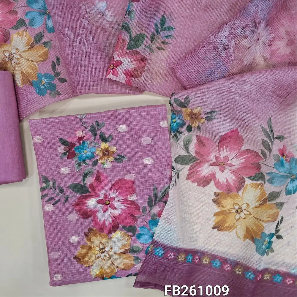 Pastel pink kota silk cotton unstitched salwar material(lining needed)printed yoke with zardozi, sequins, zari buttas allover, printed daman ,cotton fabric provided for lining (NO BOTTOM)floral printed fancy supernet dupatta with tissue borders. FB261009