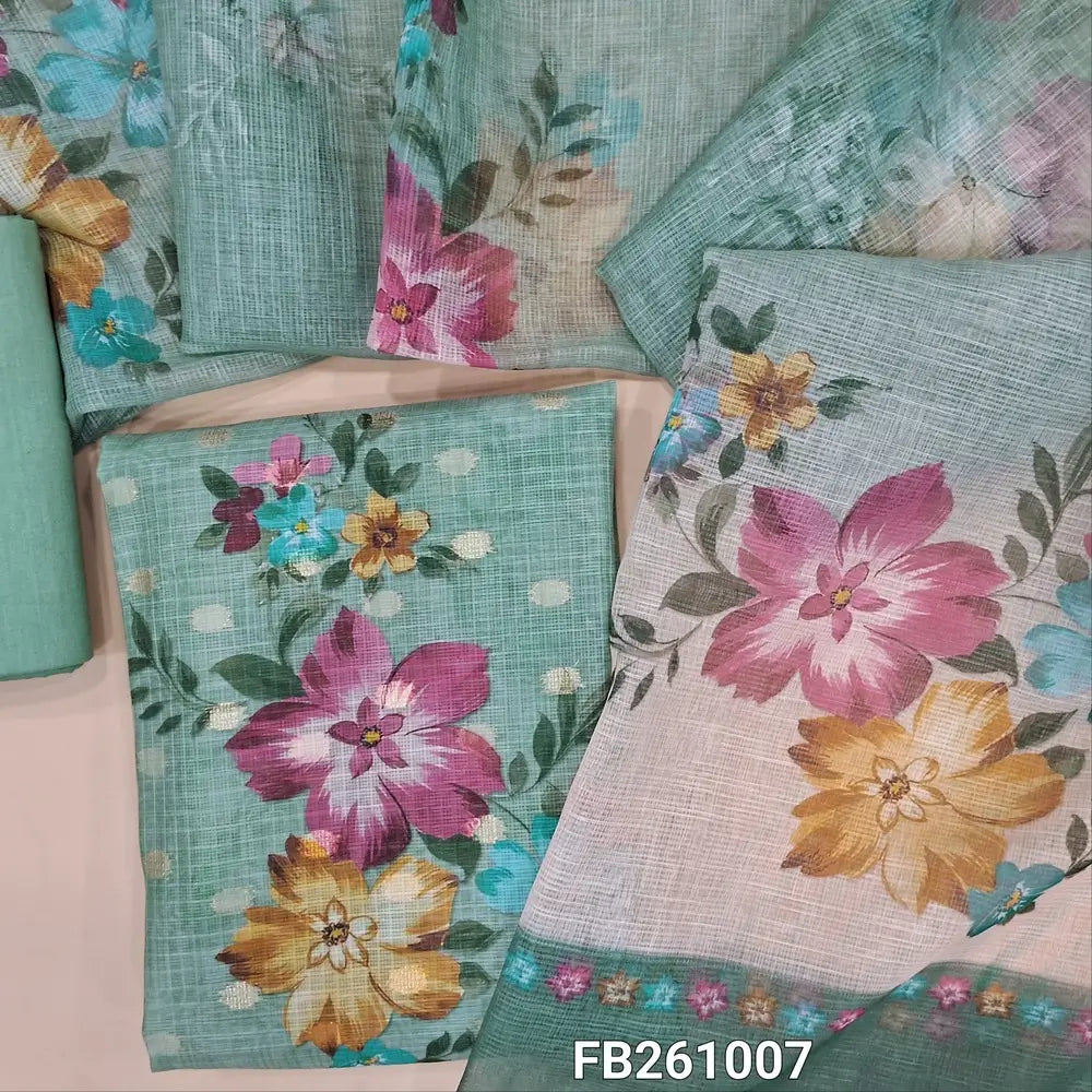 Sage green kota silk cotton unstitched salwar material(lining needed)printed yoke with zardozi, sequins, zari buttas allover, printed daman ,cotton fabric provided for lining (NO BOTTOM)floral printed fancy supernet dupatta with tissue borders. FB261007