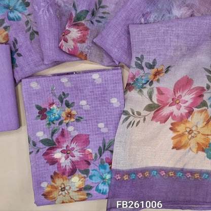 Lavender shade kota silk cotton unstitched salwar material(lining needed)printed yoke with zardozi, zari buttas allover, printed daman ,cotton fabric provided for lining (NO BOTTOM)floral printed fancy supernet dupatta with tissue borders. FB261006