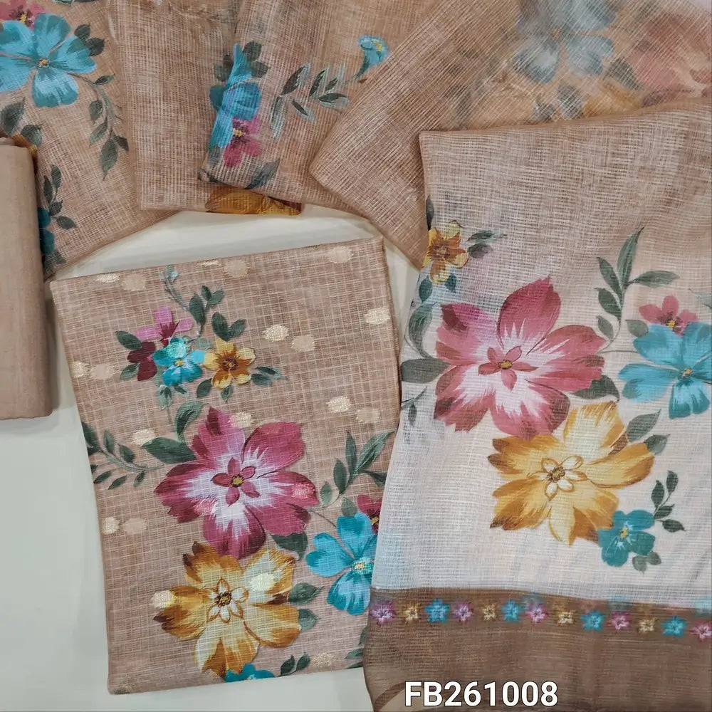 Light chocolate brown kota silk cotton unstitched salwar material(lining needed)printed yoke with zardozi,zari buttas allover, printed daman ,cotton fabric provided for lining (NO BOTTOM)floral printed fancy supernet dupatta with tissue borders. FB261008