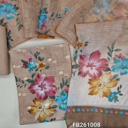 Light chocolate brown kota silk cotton unstitched salwar material(lining needed)printed yoke with zardozi,zari buttas allover, printed daman ,cotton fabric provided for lining (NO BOTTOM)floral printed fancy supernet dupatta with tissue borders. FB261008