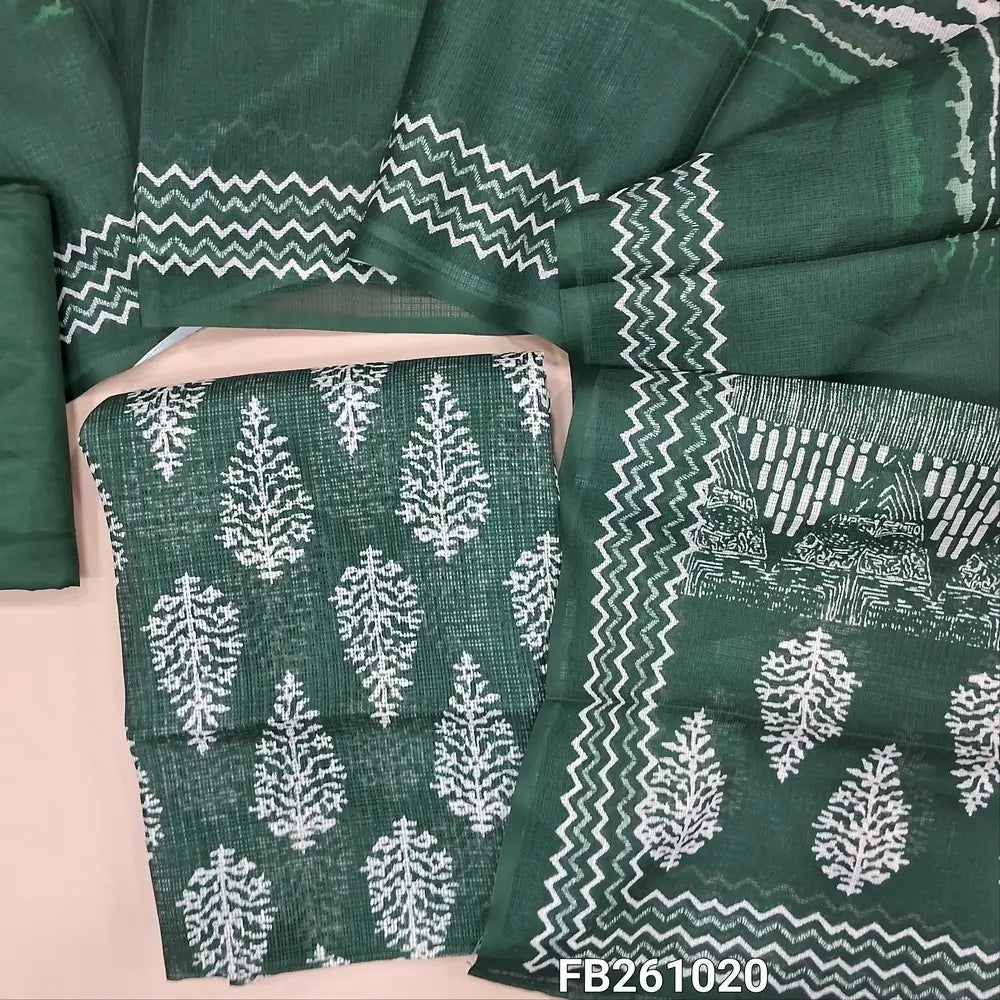 Dark green printed fancy kota silk cotton unstitched salwar material(thin, lining needed)matching silk cotton bottom, printed fancy kota silk cotton dupatta. FB261020
