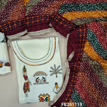 Half white liquid fabric unstitched salwar material(Lining optional)round neck,embroidery on front, embroidered liquid fabric bottom,multicolor crinkled fancy silk cotton dupatta with lace tapings. FB261119