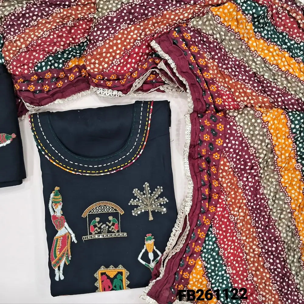 Black liquid fabric unstitched salwar material(Lining optional)round neck,embroidery on front, embroidered liquid fabric bottom,multicolor crinkled fancy silk cotton dupatta with lace tapings. FB261122