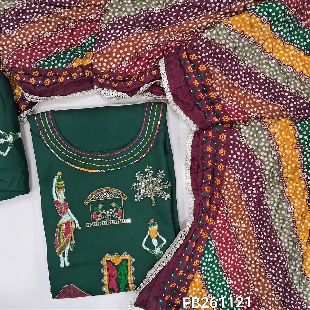 Dark green liquid fabric unstitched salwar material(Lining optional)round neck,embroidery on front, embroidered liquid fabric bottom,multicolor crinkled fancy silk cotton dupatta with lace tapings. FB261121