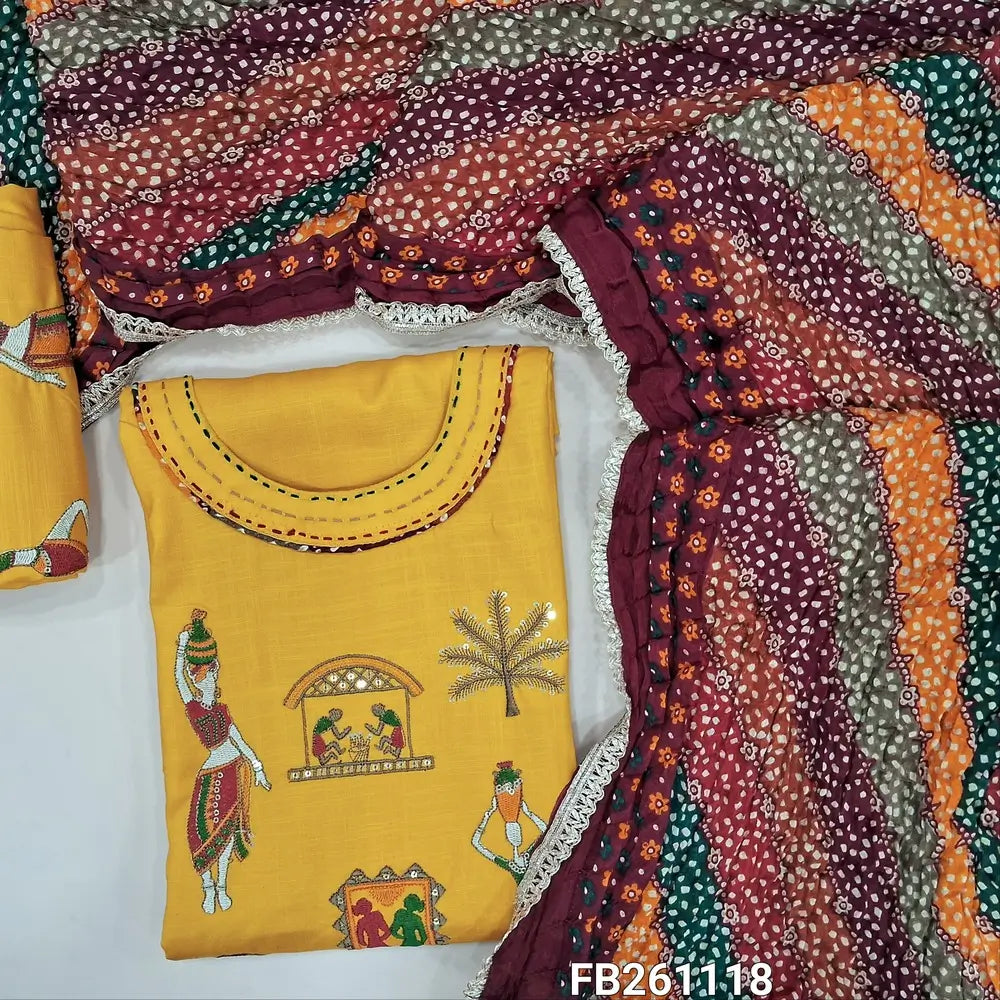 Mehandhi yellow liquid fabric unstitched salwar material(Lining optional)round neck,embroidery on front, embroidered liquid fabric bottom,multicolor crinkled fancy silk cotton dupatta with lace tapings. FB261118