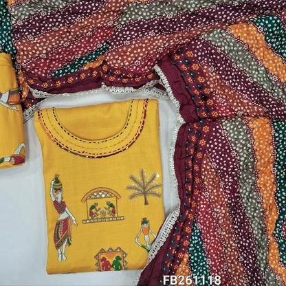 Mehandhi yellow liquid fabric unstitched salwar material(Lining optional)round neck,embroidery on front, embroidered liquid fabric bottom,multicolor crinkled fancy silk cotton dupatta with lace tapings. FB261118