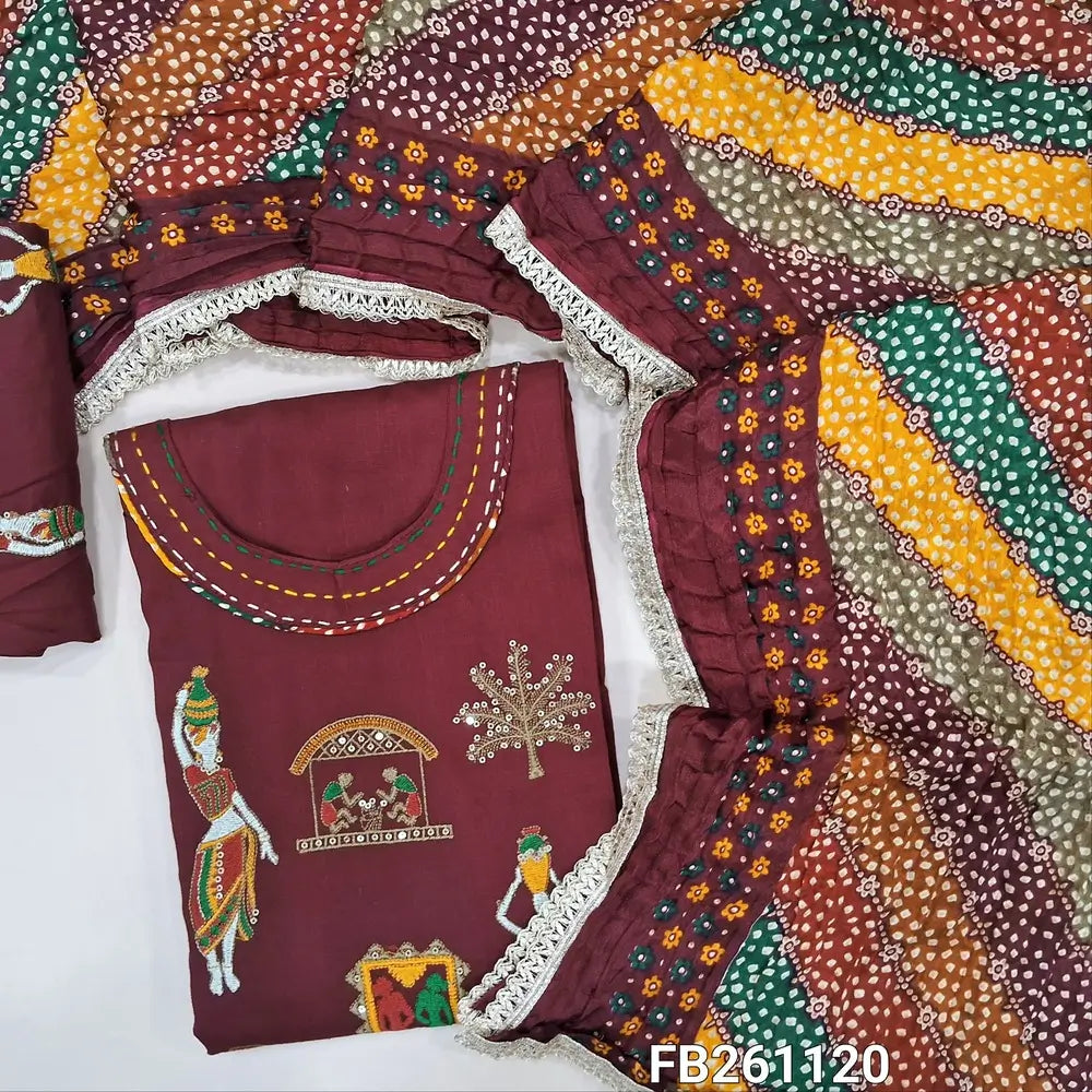 Dark maroon liquid fabric unstitched salwar material(Lining optional)round neck,embroidery on front, embroidered liquid fabric bottom,multicolor crinkled fancy silk cotton dupatta with lace tapings. FB261120