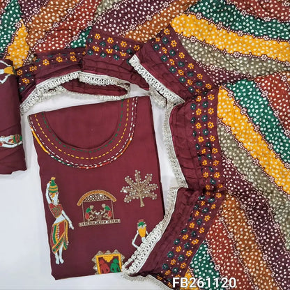 Dark maroon liquid fabric unstitched salwar material(Lining optional)round neck,embroidery on front, embroidered liquid fabric bottom,multicolor crinkled fancy silk cotton dupatta with lace tapings. FB261120
