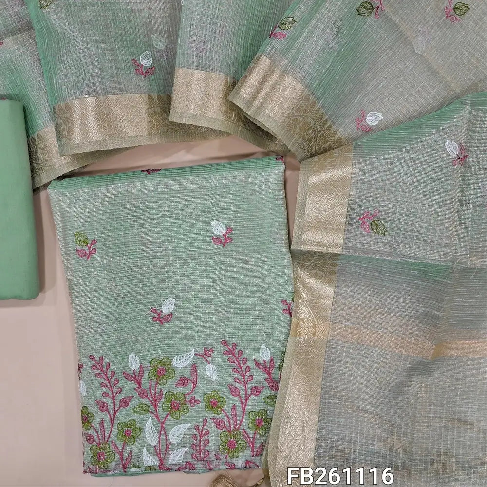 Pastel blue gold tint with golden tint kota tissue silk cotton unstitched salwar material (lining needed) embroidery work on front, matching silk cotton bottom, embroidery work on kota tissue silk cotton full length dupatta with zari borders. FB261116