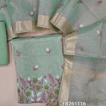 Pastel blue gold tint with golden tint kota tissue silk cotton unstitched salwar material (lining needed) embroidery work on front, matching silk cotton bottom, embroidery work on kota tissue silk cotton full length dupatta with zari borders. FB261116
