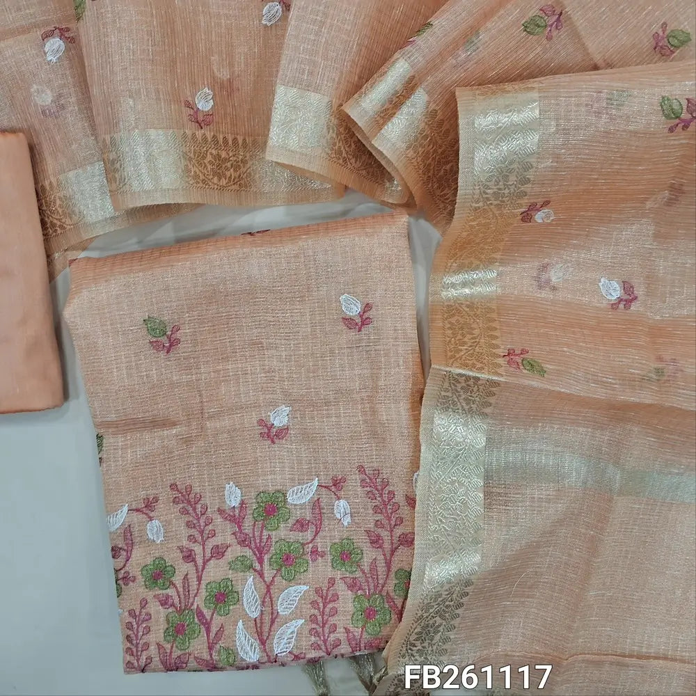 Pastel peach gold tintwith golden tint kota tissue silk cotton unstitched salwar material (lining needed) embroidery work on front, matching silk cotton bottom, embroidery work on kota tissue silk cotton full length dupatta with zari borders. FB261117