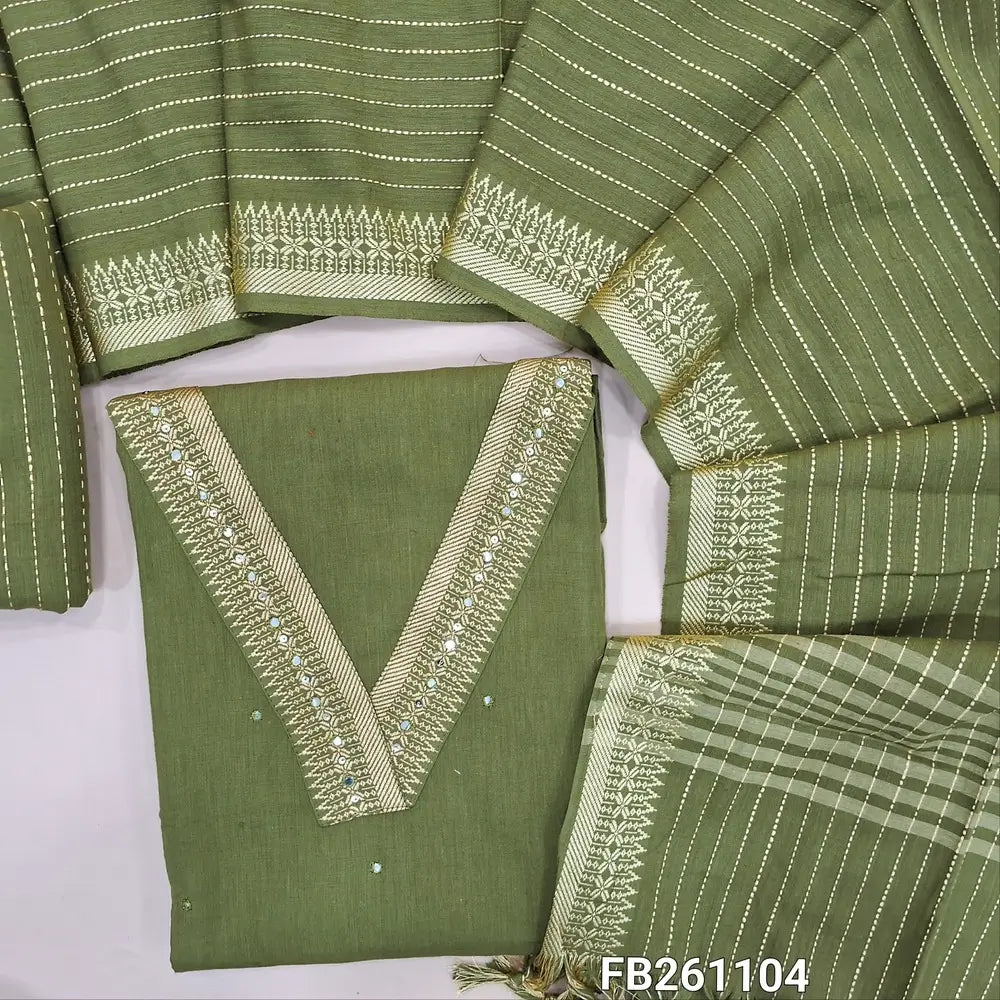 Olive green handloom cotton unstitched salwar material, thread woven yoke with faux mirror and sequins work(lining needed)vertical weaving cotton bottom,stripes and weaving design on handloom cotton dupatta with thread woven borders with tassles. FB261104