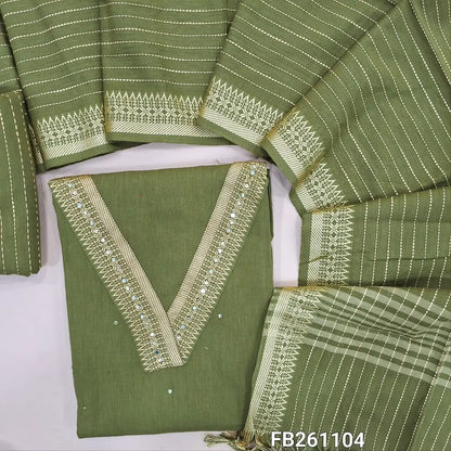 Olive green handloom cotton unstitched salwar material, thread woven yoke with faux mirror and sequins work(lining needed)vertical weaving cotton bottom,stripes and weaving design on handloom cotton dupatta with thread woven borders with tassles. FB261104