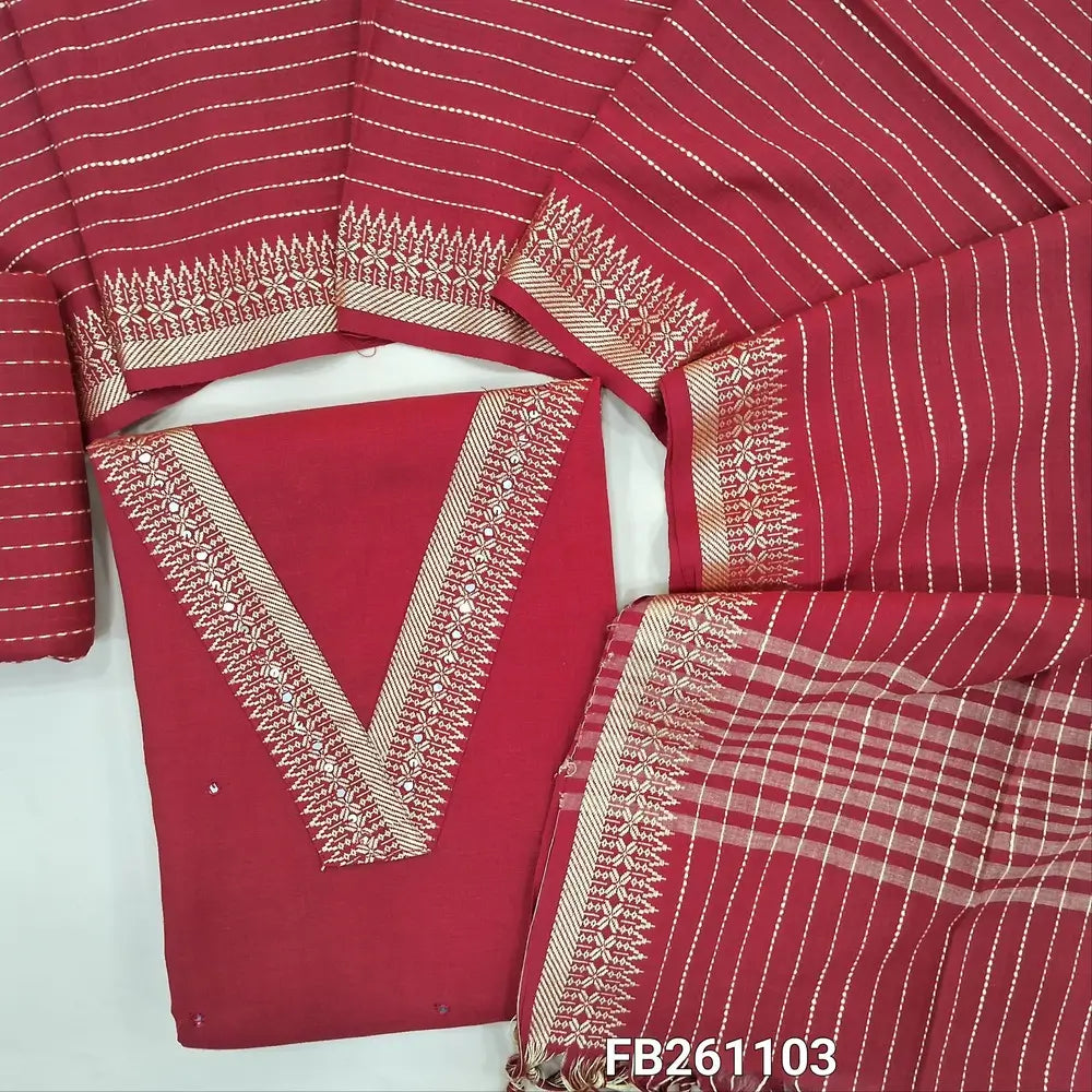 Reddish maroon handloom cotton unstitched salwar material, thread woven yoke with faux mirror ,sequins work(lining needed)vertical weaving cotton bottom,stripes and weaving design on handloom cotton dupatta with thread woven borders with tassles. FB261103