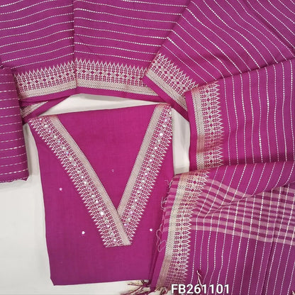 Rani pink handloom cotton unstitched salwar material, thread woven yoke with faux mirror and sequins work(lining needed)vertical weaving cotton bottom,stripes and weaving design on handloom cotton dupatta with thread woven borders with tassles. FB261101