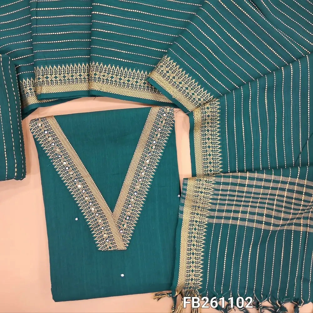 Dark blue handloom cotton unstitched salwar material, thread woven yoke with faux mirror ,sequins work(lining needed)vertical weaving cotton bottom,stripes and weaving design on handloom cotton dupatta with thread woven borders with tassles. FB261102