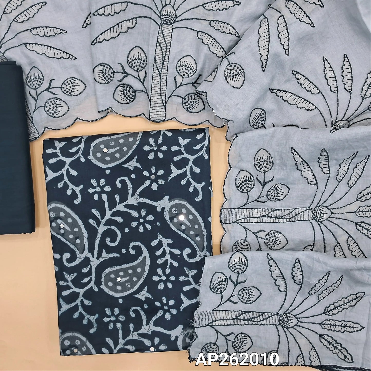 Dark blue printed soft cotton unstitched salwar material,faux mirror work on front,(lining optional)spun cotton bottom,embroidered work on mul cotton dupatta. AP262010