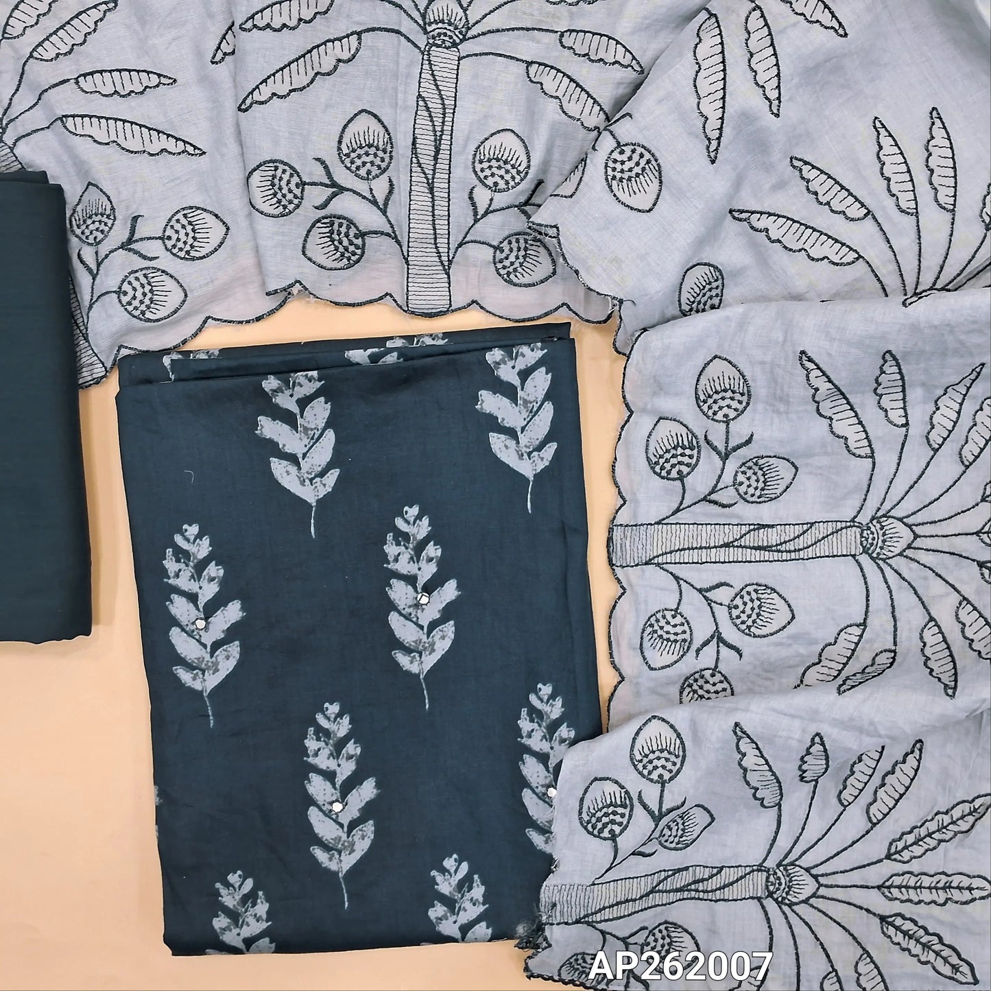 Dark blue printed soft cotton unstitched salwar material,faux mirror work on front,(lining optional)spun cotton bottom,embroidered work on mul cotton dupatta. AP262007