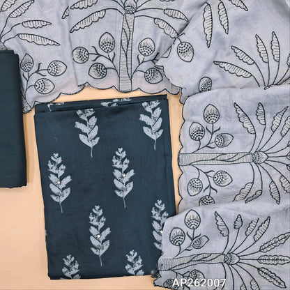 Dark blue printed soft cotton unstitched salwar material,faux mirror work on front,(lining optional)spun cotton bottom,embroidered work on mul cotton dupatta. AP262007