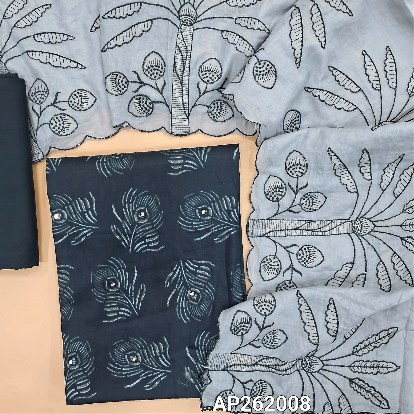 Dark blue printed soft cotton unstitched salwar material,faux mirror work on front,(lining optional)spun cotton bottom,embroidered work on mul cotton dupatta. AP262008
