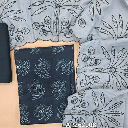 Dark blue printed soft cotton unstitched salwar material,faux mirror work on front,(lining optional)spun cotton bottom,embroidered work on mul cotton dupatta. AP262008