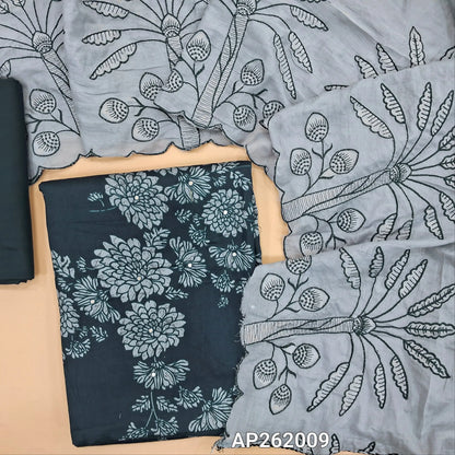 Dark blue printed soft cotton unstitched salwar material,faux mirror work on front,(lining optional)spun cotton bottom,embroidered work on mul cotton dupatta. AP262009