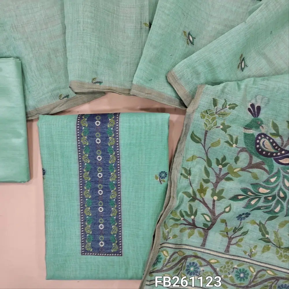 Pastel blue silk cotton unstitched salwar material(lightweight , lining needed) thread woven yoke, rich thread weaving on daman, matching silky bottom, silk cotton dupatta with rich thread weaving pallu. FB261123