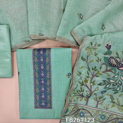 Pastel blue silk cotton unstitched salwar material(lightweight , lining needed) thread woven yoke, rich thread weaving on daman, matching silky bottom, silk cotton dupatta with rich thread weaving pallu. FB261123