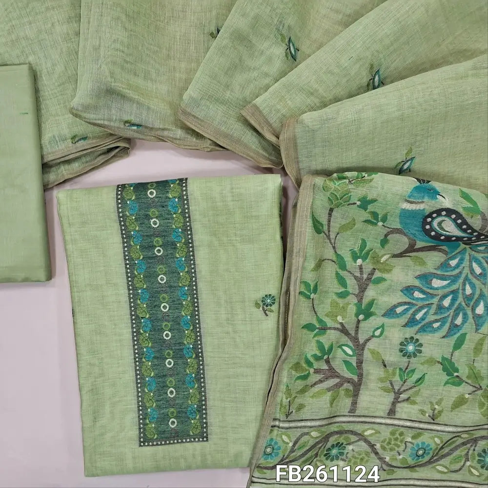 Pastel green silk cotton unstitched salwar material(lightweight , lining needed) thread woven yoke, rich thread weaving on daman, matching silky bottom, silk cotton dupatta with rich thread weaving pallu. FB261124