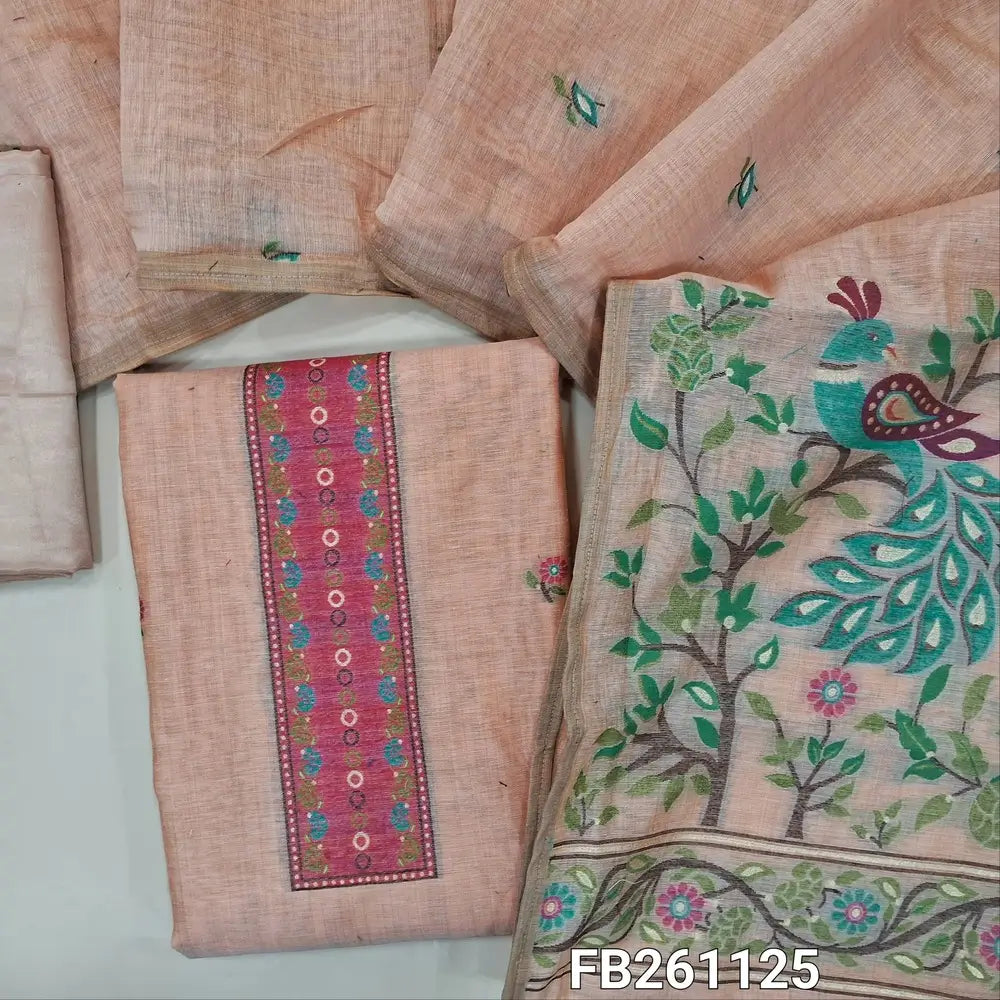 Pastel pink silk cotton unstitched salwar material(lightweight , lining needed) thread woven yoke, rich thread weaving on daman, matching silky bottom, silk cotton dupatta with rich thread weaving pallu. FB261125