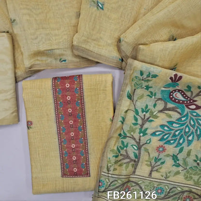Light sandal yellow silk cotton unstitched salwar material(lightweight , lining needed) thread woven yoke, rich thread weaving on daman, matching silky bottom, silk cotton dupatta with rich thread weaving pallu. FB261126