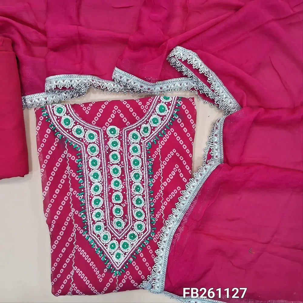 Dark pink bandhini printed premium organza unstitched salwar material, heavy thread& bead work on yoke, lace work on daman(thin fabric, lining needed)matching spun cotton bottom, pure chiffon dupatta with lace tapings. FB261127