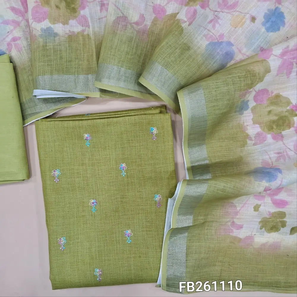 Light green semi linen unstitched salwar material, embroidery on front (Textured, lining needed) matching  santoon bottom, floral printed semi linen dupatta with silver tissue borders. FB261110