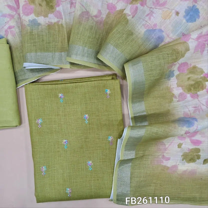 Light green semi linen unstitched salwar material, embroidery on front (Textured, lining needed) matching  santoon bottom, floral printed semi linen dupatta with silver tissue borders. FB261110