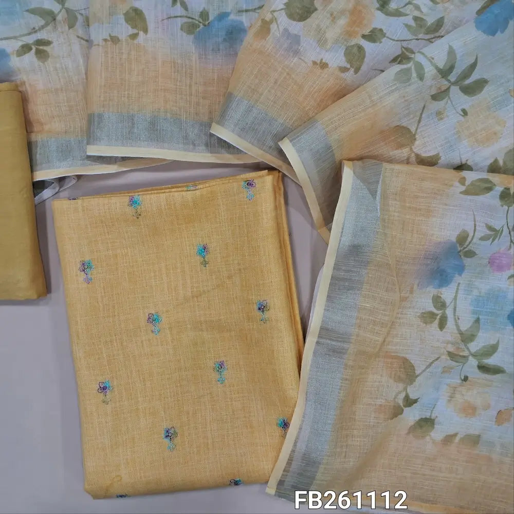 Patel yellow semi linen unstitched salwar material, embroidery on front (Textured, lining needed) matching  santoon bottom, floral printed semi linen dupatta with silver tissue borders. FB261112