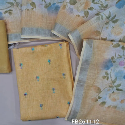 Patel yellow semi linen unstitched salwar material, embroidery on front (Textured, lining needed) matching  santoon bottom, floral printed semi linen dupatta with silver tissue borders. FB261112