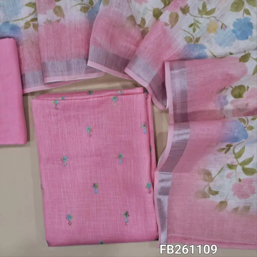 Pastel pink semi linen unstitched salwar material, embroidery on front (Textured, lining needed) matching  santoon bottom, floral printed semi linen dupatta with silver tissue borders. FB261109