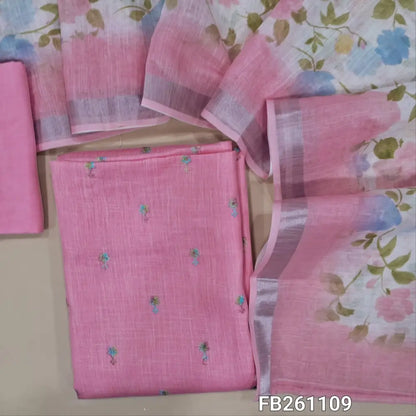 Pastel pink semi linen unstitched salwar material, embroidery on front (Textured, lining needed) matching  santoon bottom, floral printed semi linen dupatta with silver tissue borders. FB261109