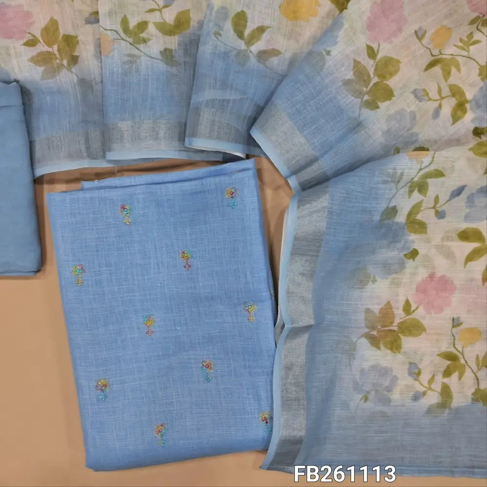 Powder blue semi linen unstitched salwar material, embroidery on front (Textured, lining needed) matching  santoon bottom, floral printed semi linen dupatta with silver tissue borders. FB261113
