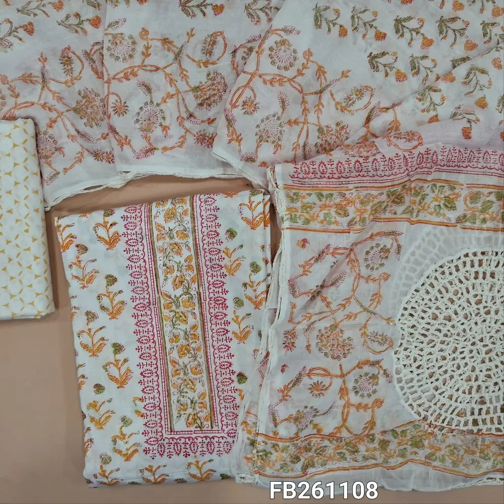 Half white soft cotton unstitched salwar material (lining needed) hand block printed allover, yellow printed cotton bottom, hand block printed and crochet work on mul cotton dupatta. FB261108