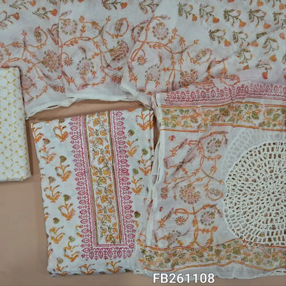 Half white soft cotton unstitched salwar material (lining needed) hand block printed allover, yellow printed cotton bottom, hand block printed and crochet work on mul cotton dupatta. FB261108