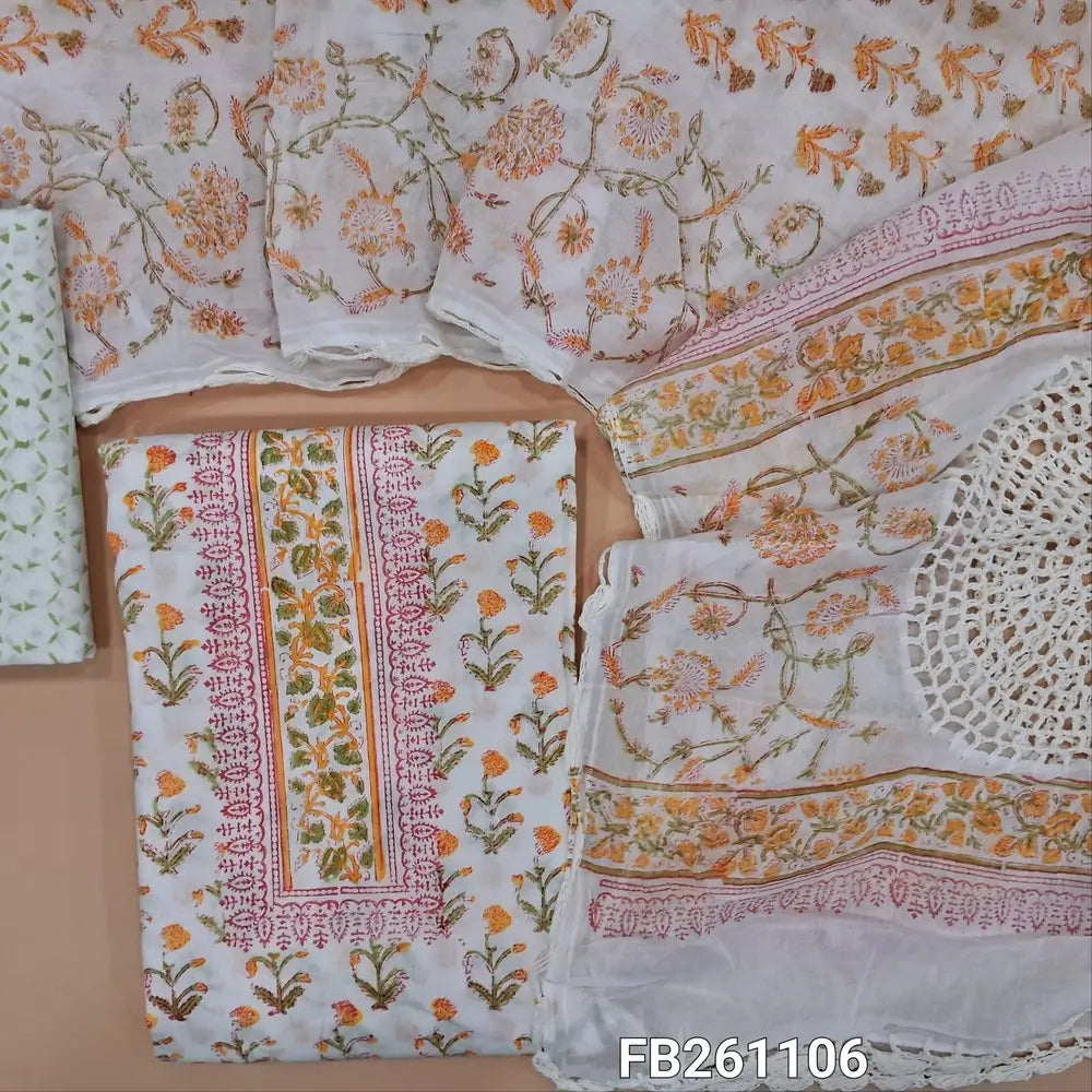 Half white soft cotton unstitched salwar material (lining needed) hand block printed allover, green printed cotton bottom, hand block printed and crochet work on mul cotton dupatta. FB261106