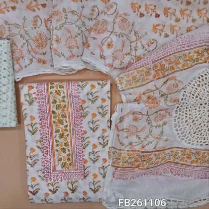 Half white soft cotton unstitched salwar material (lining needed) hand block printed allover, green printed cotton bottom, hand block printed and crochet work on mul cotton dupatta. FB261106
