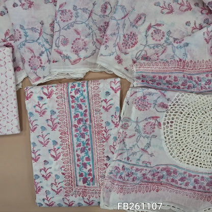 Half white soft cotton unstitched salwar material (lining needed) hand block printed allover, pink printed cotton bottom, hand block printed and crochet work on mul cotton dupatta. FB261107