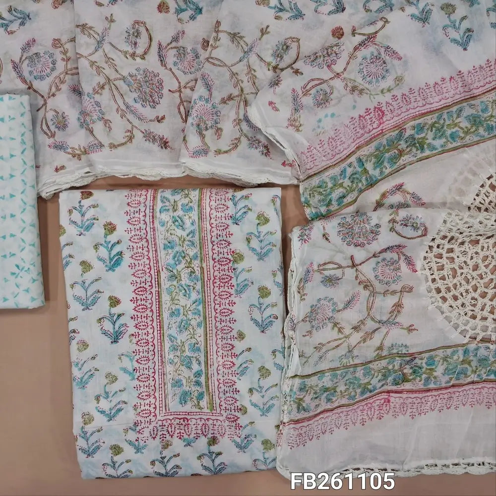 Half white soft cotton unstitched salwar material (lining needed) hand block printed allover, blue printed cotton bottom, hand block printed and crochet work on mul cotton dupatta. FB261105